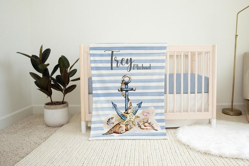 Anchor Beach Baby Kids Blanket With Customized Name For Baby Boy Nursery, Son, Grandson, Month Gifts