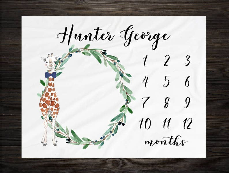 Giraffe Growth Tracker Baby Milestone Blanket With Customized Name For Baby Boy Girl Nursery, Son, Grandson, Daughter, Granddaughter