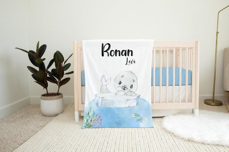 Boy Seal Baby Kids Blanket With Customized Name For Baby Boy Nursery, Son, Grandson, Newborn Gifts