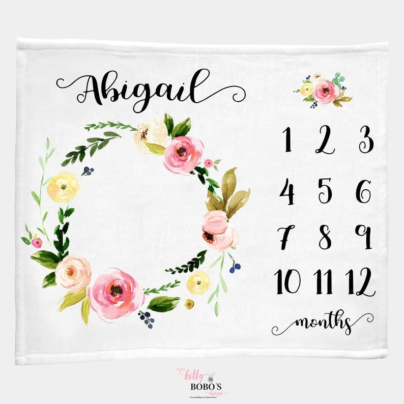 Floral Wreath Baby Milestone Blanket With Customized Name For Baby Boy Nursery, Daughter, Granddaughter, Newborn Gifts