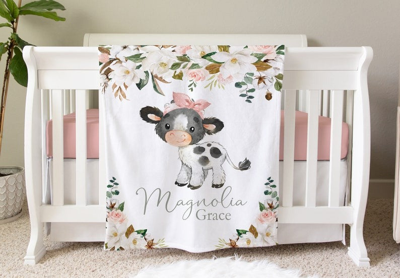 Baby Cow Baby Kids Blanket With Customized Name For Baby Girl Nursery, Daughter, Granddaughter, Newborn Gifts