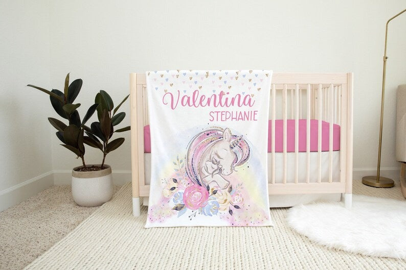 Unicorn Rainbow Baby Kids Blanket With Customized Name For Baby Girl Nursery, Daughter, Granddaughter, Newborn Gifts