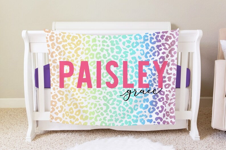 Rainbow Leopard Baby Kids Blanket With Customized Name For Baby Girl Nursery, Daughter, Granddaughter, Newborn Gifts