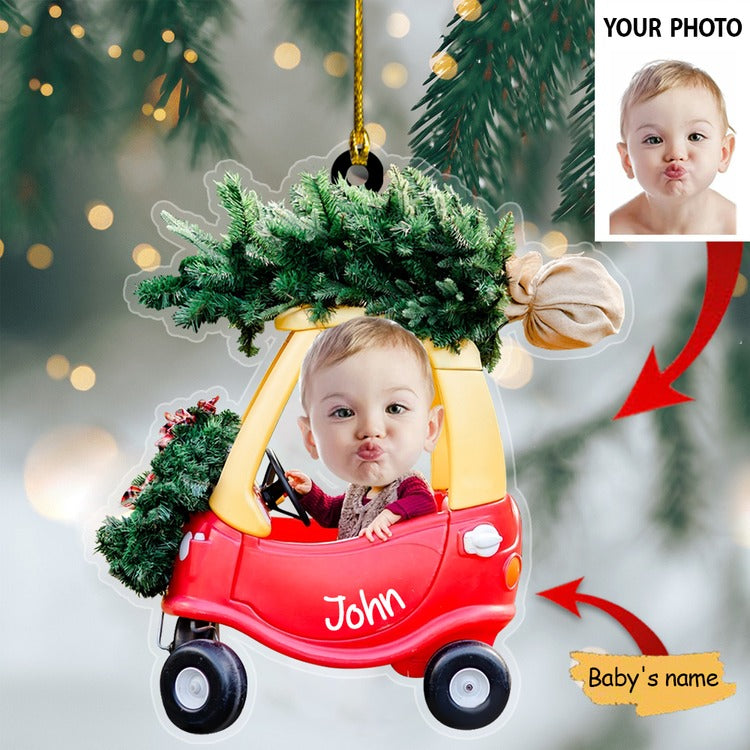 Baby Driving Car Ornament Christmas Pine Tree, Custom Baby Photo Shape Acrylic Ornament
