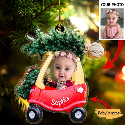 Baby Driving Car Ornament Christmas Pine Tree, Custom Baby Photo Shape Acrylic Ornament