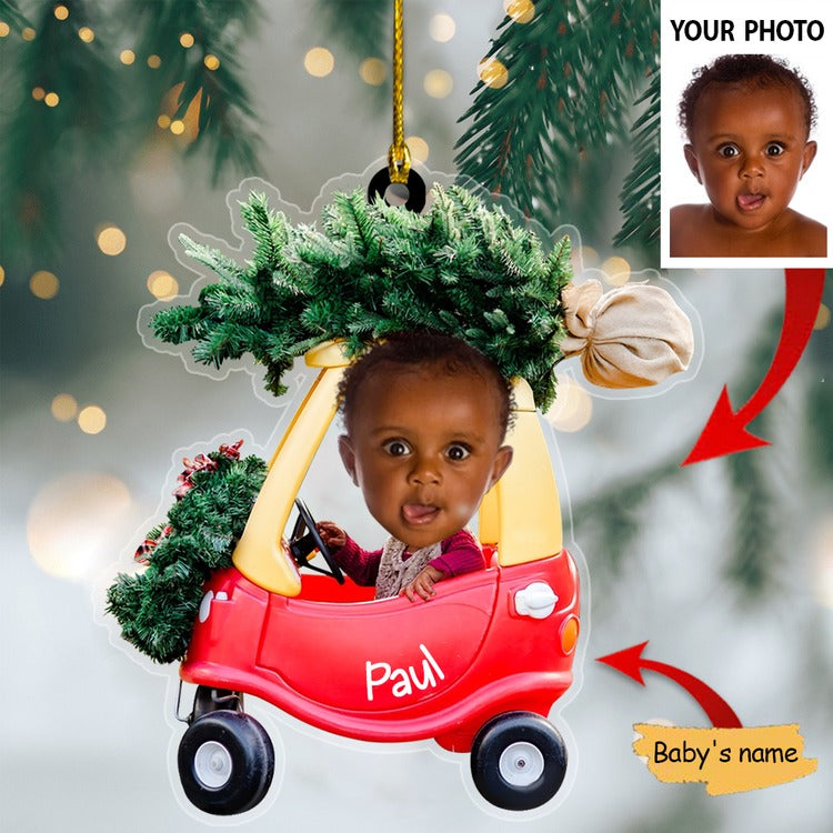 Baby Driving Car Ornament Christmas Pine Tree, Custom Baby Photo Shape Acrylic Ornament