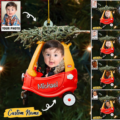 Custom Baby Cute Photo And Christmas Tree On Car With Name Ornament