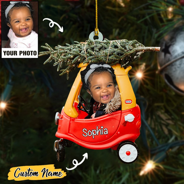 Custom Baby Cute Photo And Christmas Tree On Car With Name Ornament