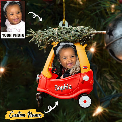Custom Baby Cute Photo And Christmas Tree On Car With Name Ornament