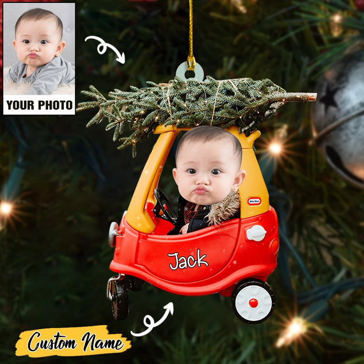Custom Baby Cute Photo And Christmas Tree On Car With Name Ornament