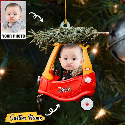 Custom Baby Cute Photo And Christmas Tree On Car With Name Ornament