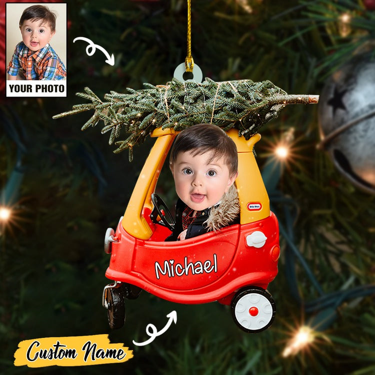 Custom Baby Cute Photo And Christmas Tree On Car With Name Ornament