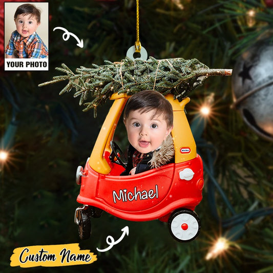 Custom Baby Cute Photo And Christmas Tree On Car With Name Ornament