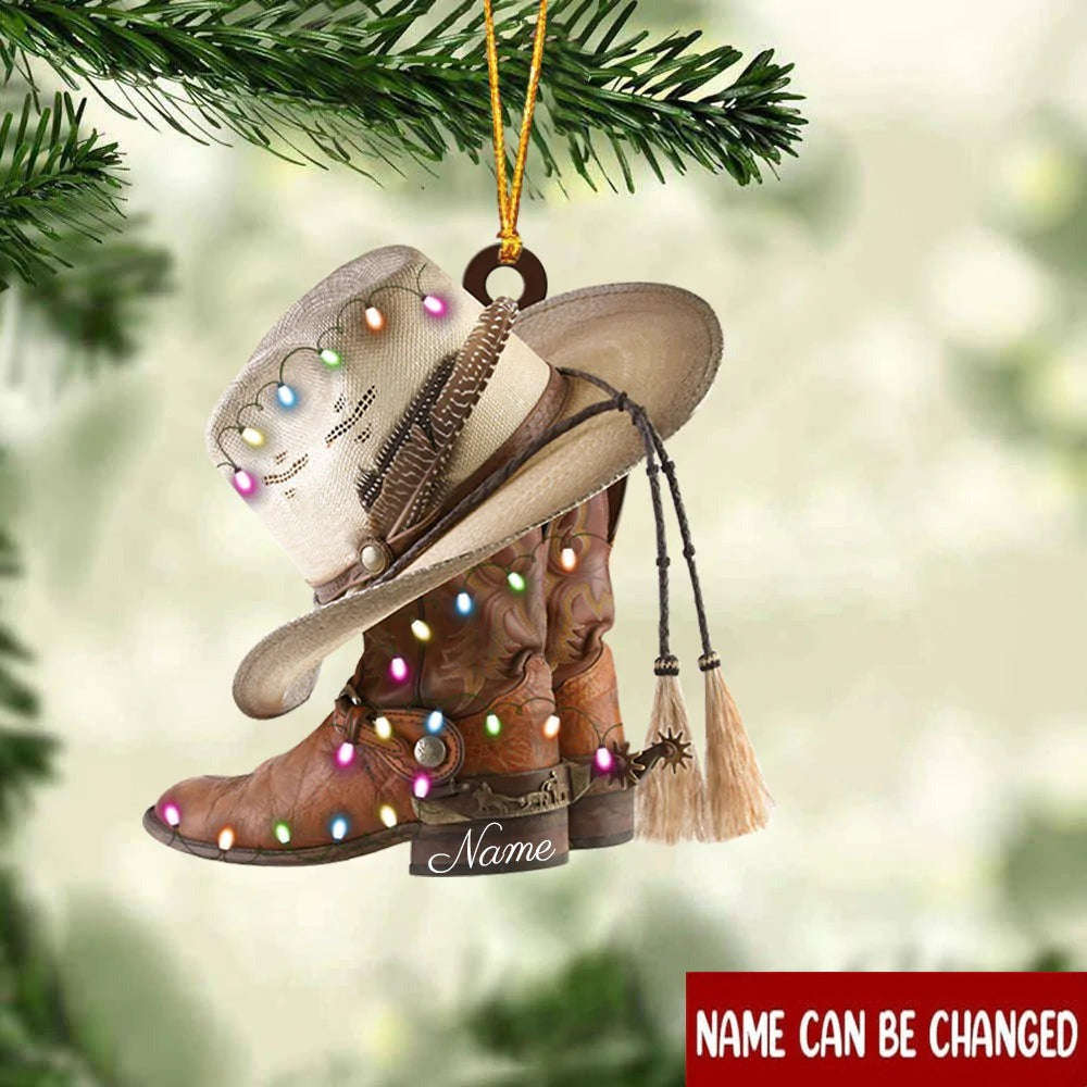 Boots and Hat Cowboy With Christmas Light – Custom Shaped Ornament - Personalized Flat Acrylic Ornament