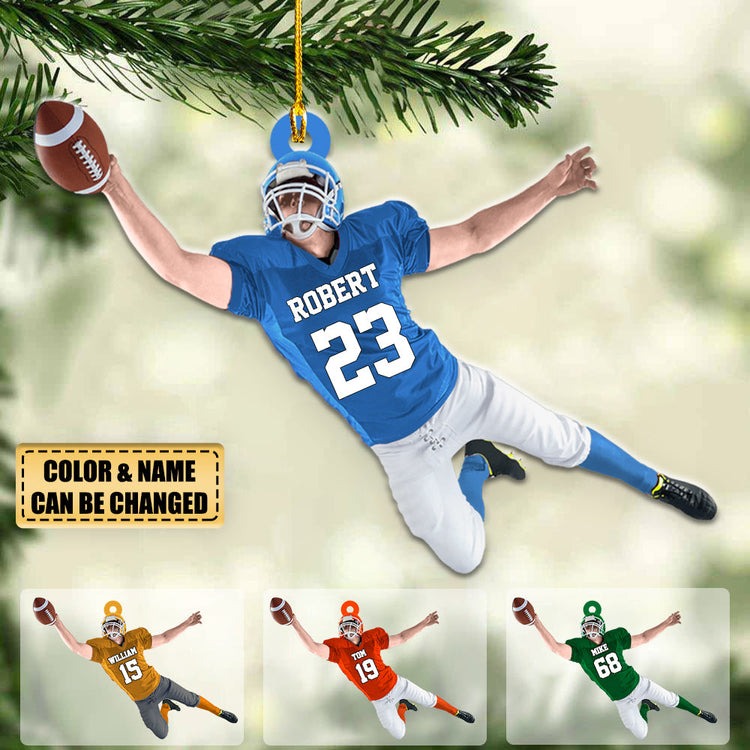 Personalized American Football Jumping With Ball Christmas Ornament for Football Mom Football Player Family Member