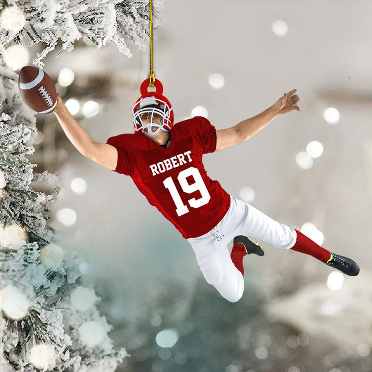 Personalized American Football Jumping With Ball Christmas Ornament for Football Mom Football Player Family Member