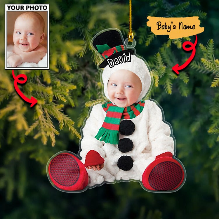 Custom Baby Snowman Cute Photo With Name For Christmas Ornament