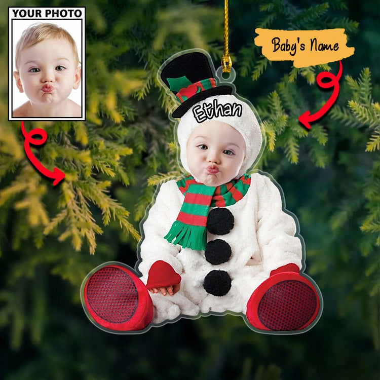 Custom Baby Snowman Cute Photo With Name For Christmas Ornament