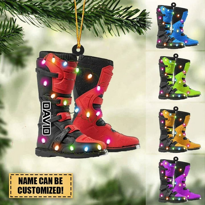 Personalized Dirt Bike Boots With Christmas Light Ornament, Custom Name Acrylic Ornament For Biker, Racer