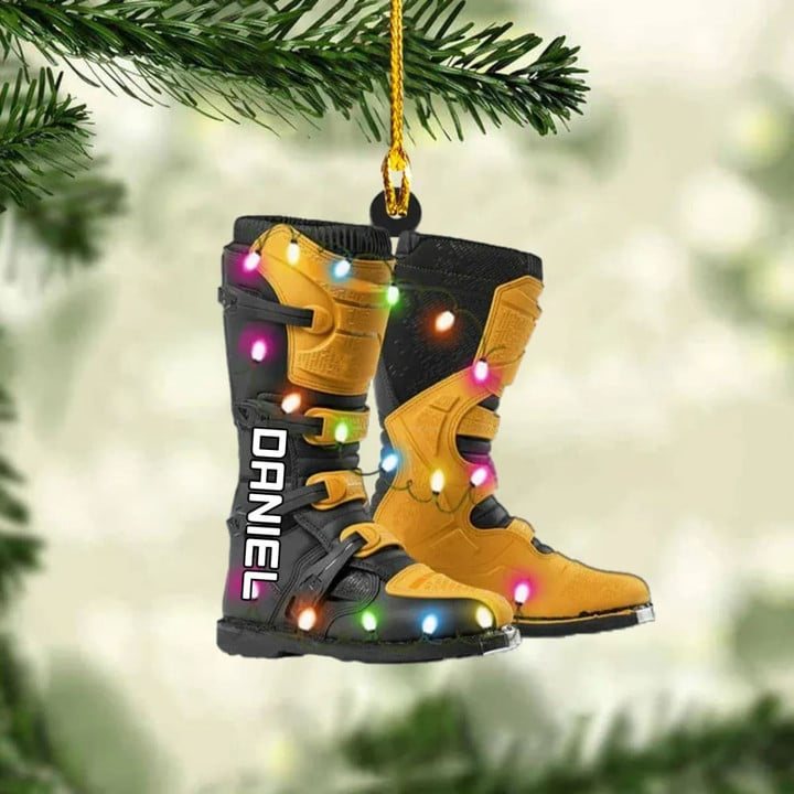 Personalized Dirt Bike Boots With Christmas Light Ornament, Custom Name Acrylic Ornament For Biker, Racer