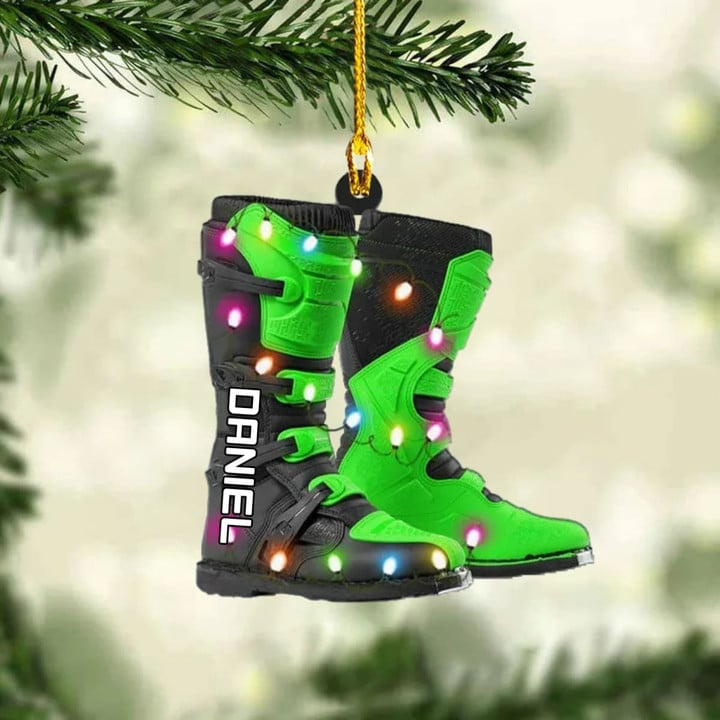 Personalized Dirt Bike Boots With Christmas Light Ornament, Custom Name Acrylic Ornament For Biker, Racer