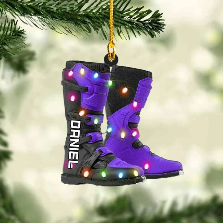 Personalized Dirt Bike Boots With Christmas Light Ornament, Custom Name Acrylic Ornament For Biker, Racer