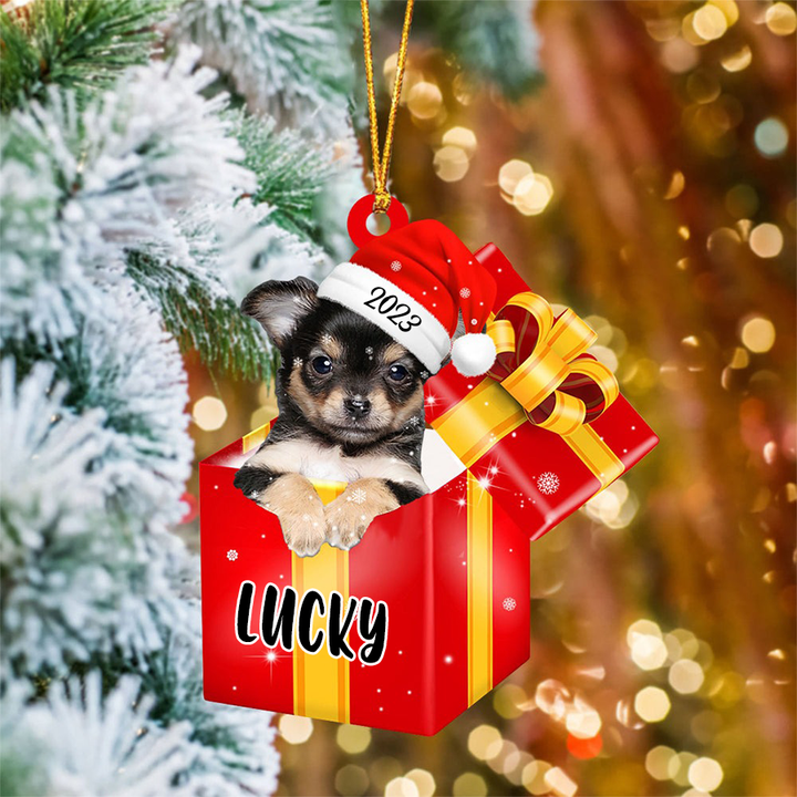 Customized Name Chihuahua In Red Gift Box Acrylic Christmas Ornament Personalized Pet Christmas Ornament - Gift For Dog Lovers, Pet Lovers