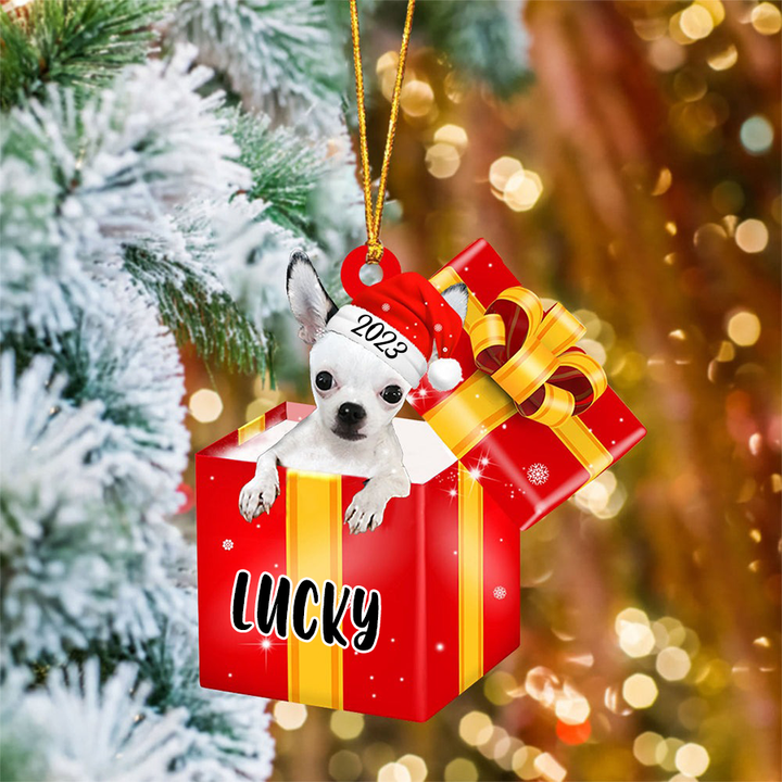 Customized Name Chihuahua In Red Gift Box Acrylic Christmas Ornament Personalized Pet Christmas Ornament - Gift For Dog Lovers, Pet Lovers