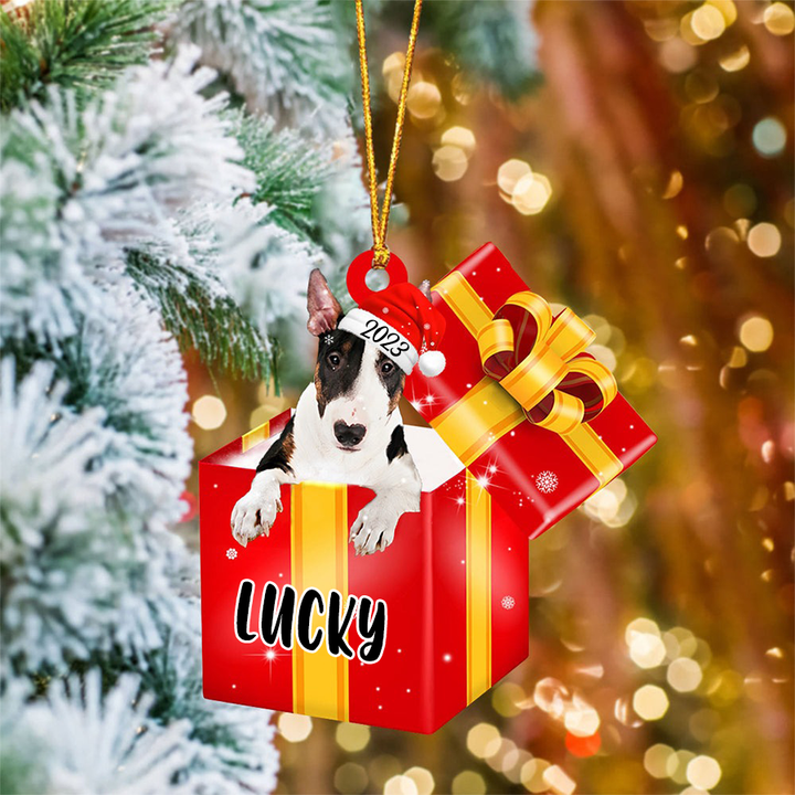 Custom Bull Terrier In Red Gift Box Acrylic Christmas Ornament Personalized Pet Christmas Ornament - Gift For Dog Lovers, Pet Lovers