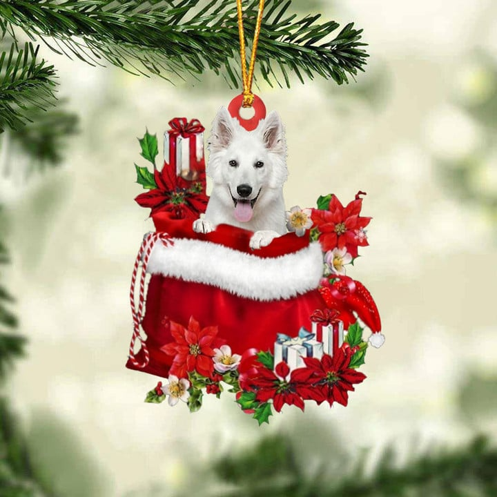 Personalized White German Shepherd In Red Gift Bag Acrylic Christmas Ornament, Custom Name Christmas Gift For Dog Lovers, Dog Mom