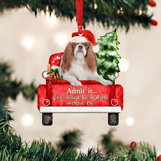 Personalized Photo Cavalier King Charles Spaniel On The Red Truck Acrylic Christmas Ornament, Custom Christmas Gift For Dog Lovers, Dog Owners