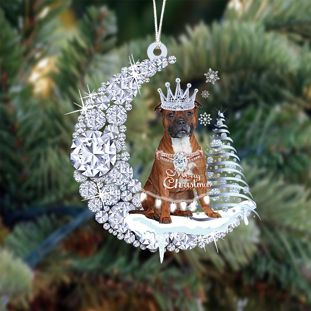 Personalized Staffordshire Bull Terrier Diamond Moon Merry Christmas Mica Ornament - Best Gift For Dog Lovers, Dog Owners
