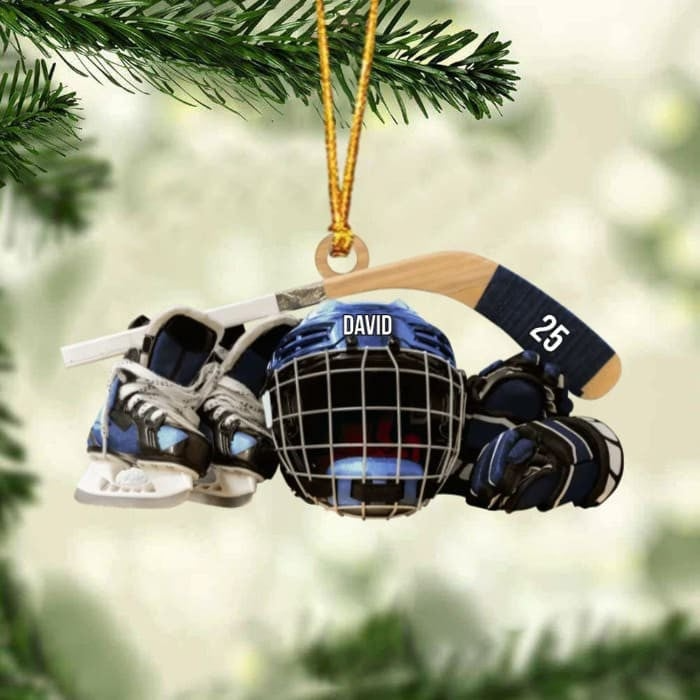Customized Hockey Skates Helmet And Stick Christmas Ornament, Custom Hockey Acrylic Ornament, Christmas Gift For Hockey Lovers