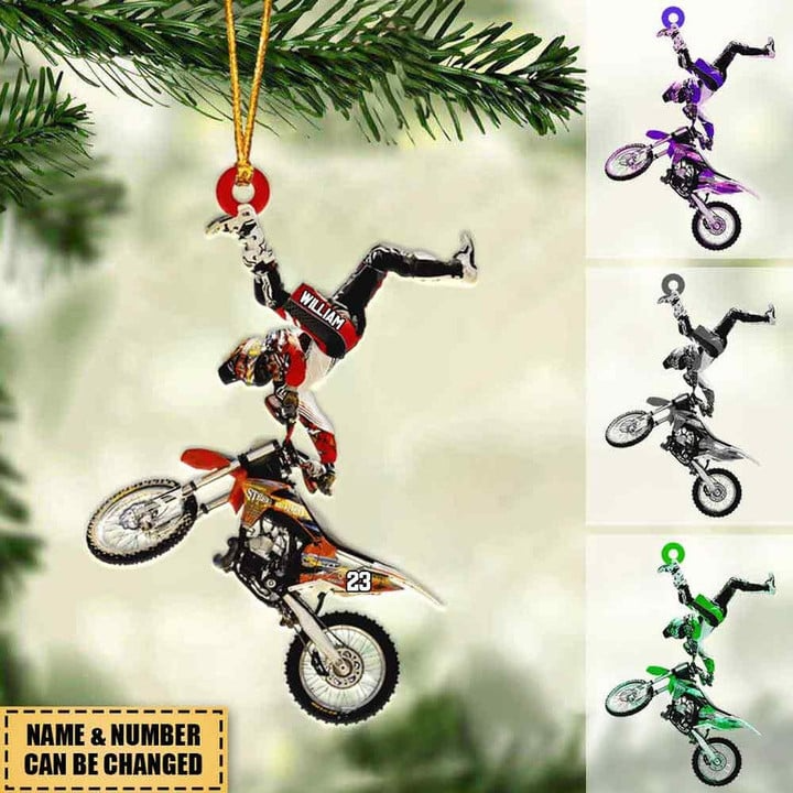 Personalized Flying Motocross Acrylic Ornament For Christmas Decor, Custom Name Acrylic Ornament For Bikers