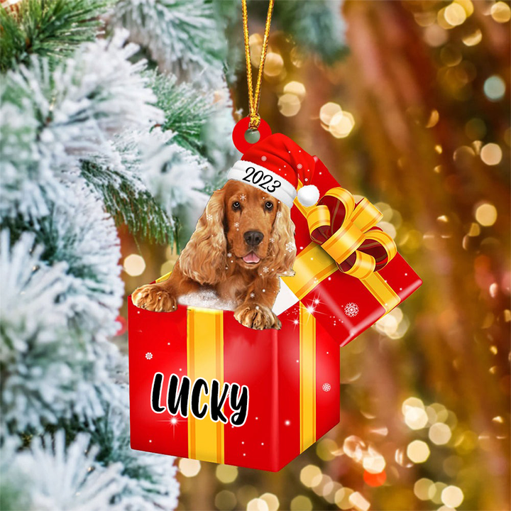 Customized Name Cocker Spaniel In Red Gift Box Acrylic Christmas Ornament Personalized Pet Christmas Ornament - Gift For Dog Lovers, Pet Lovers