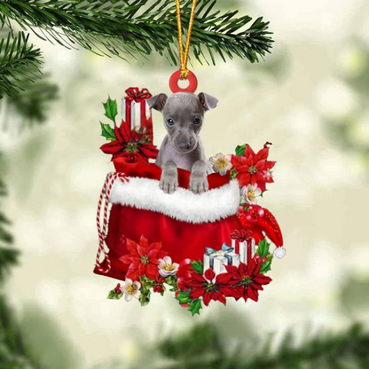 Personalized Italian Greyhound In Red Gift Bag Christmas Car Ornament, Custom Name Christmas Gift For Dog Lovers, Dog Mom