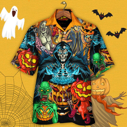 Halloween Scary Skull Hawaiian Shirt, Halloween Death Gun Pumpkin Horror Aloha Shirt For Men & Women - Halloween Gift For Members Family, Friends