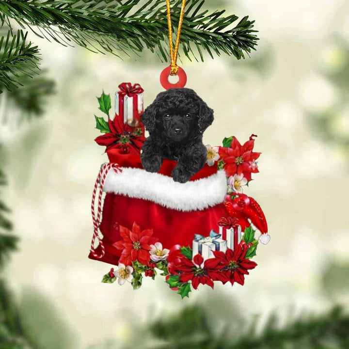 Custom Poodle In Red Gift Bag Acrylic Christmas Ornament, Personalized Name Christmas Gift For Dog Lovers, Dog Mom