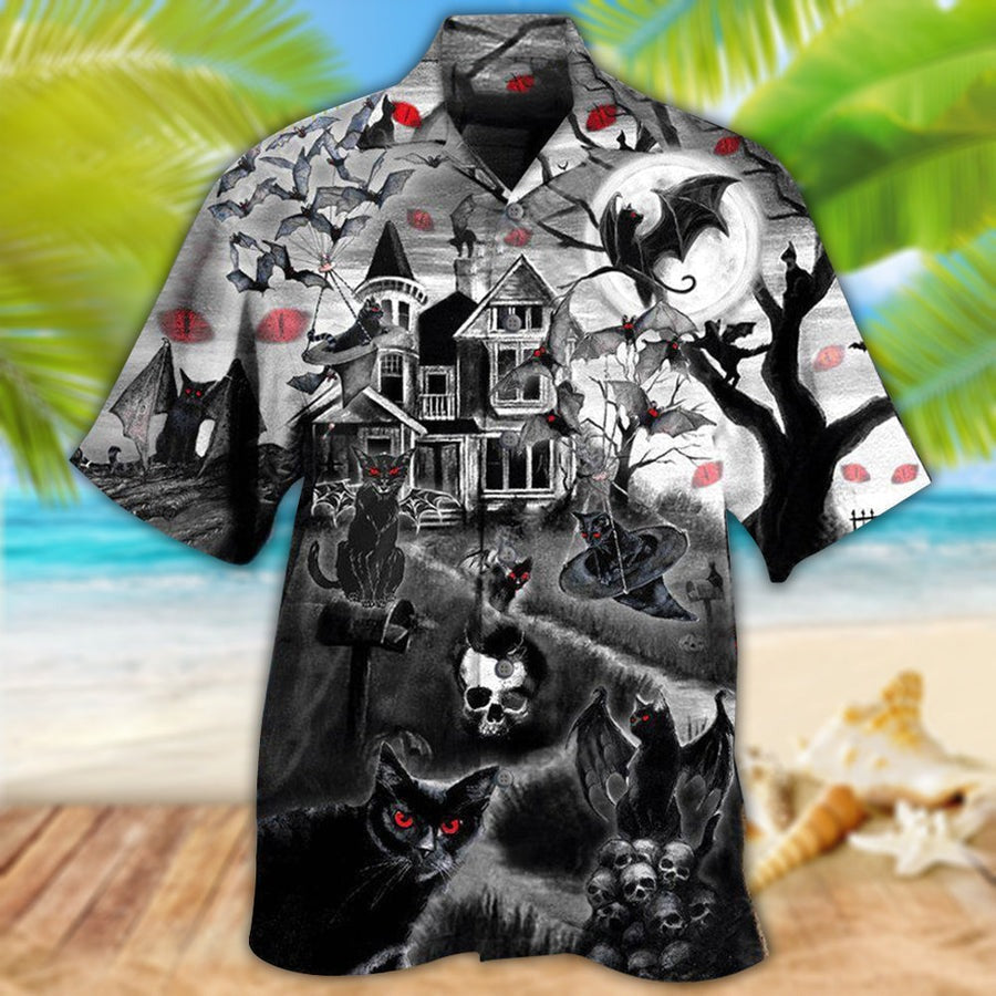 Halloween Black Cat Hawaiian Shirt, Black Cat Flying Horror Night Halloween Aloha Shirt For Men & Women - Halloween Gift For Members Family, Friends