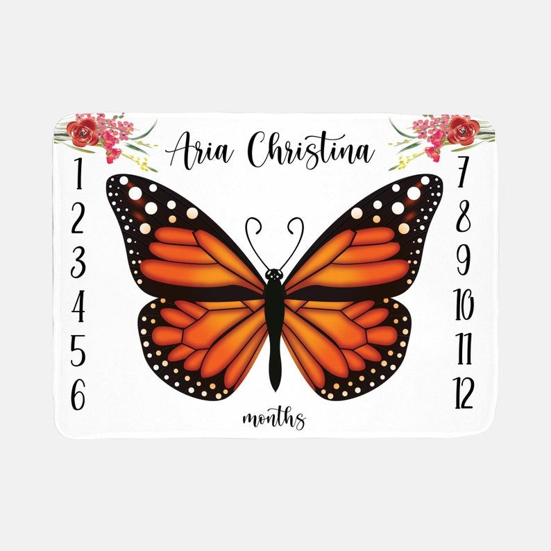 Monarch Butterfly Floral Baby Milestones Blanket With Customized Name For Baby Girl Nursery, Daughter, Granddaughter