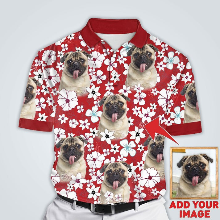 Custom Polo Shirt With Dog Face, Pet Face Polo Shirt, Red Flower Pattern Personalized Polo Shirt For Dog Dad - Perfect Gift For Men, Dog Lover