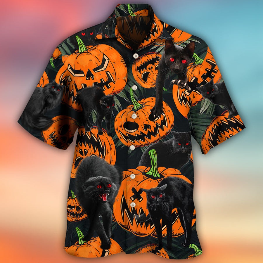 Halloween Black Cat Hawaiian Shirt, Halloween Pumpkin Scary Tropical For Men & Women - Halloween Gift For Members Family, Friends, Black Cat Lovers
