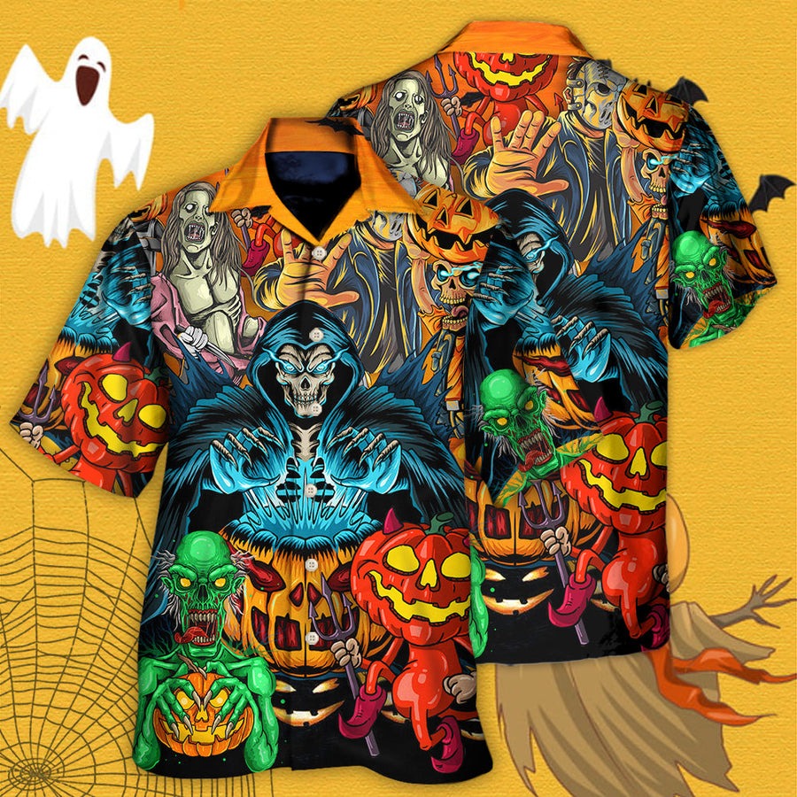 Halloween Scary Skull Hawaiian Shirt, Halloween Death Gun Pumpkin Horror Aloha Shirt For Men & Women - Halloween Gift For Members Family, Friends