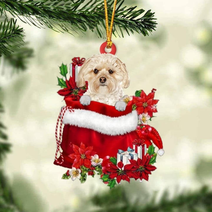 Personalized Name Morkie In Red Gift Bag Acrylic Christmas Ornament, Custom Christmas Gift For Dog Lovers, Dog Mom