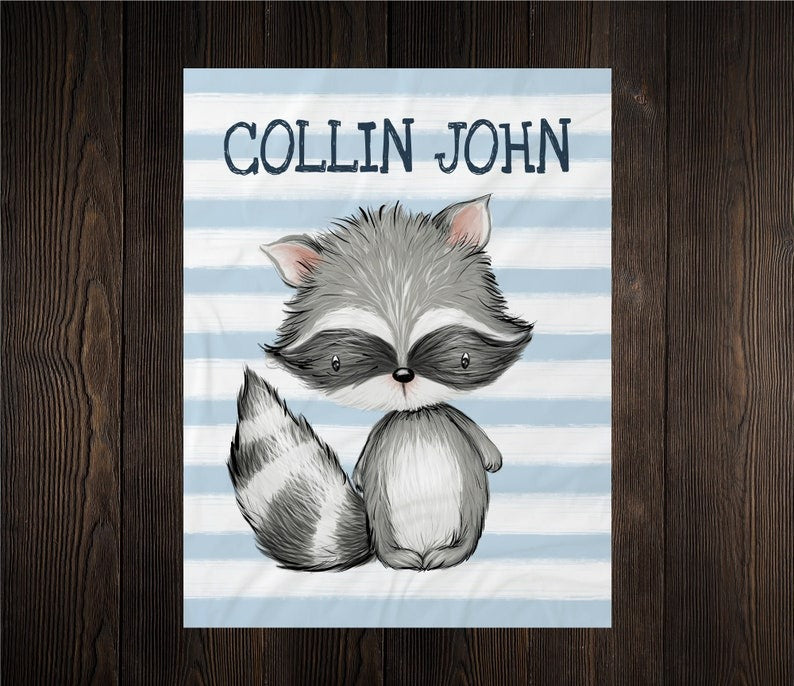 Racoon Baby Kids Blanket With Customized Name For Baby Boy Girl Nursery, Son, Grandson, Daughter, Granddaughter, Month Gifts