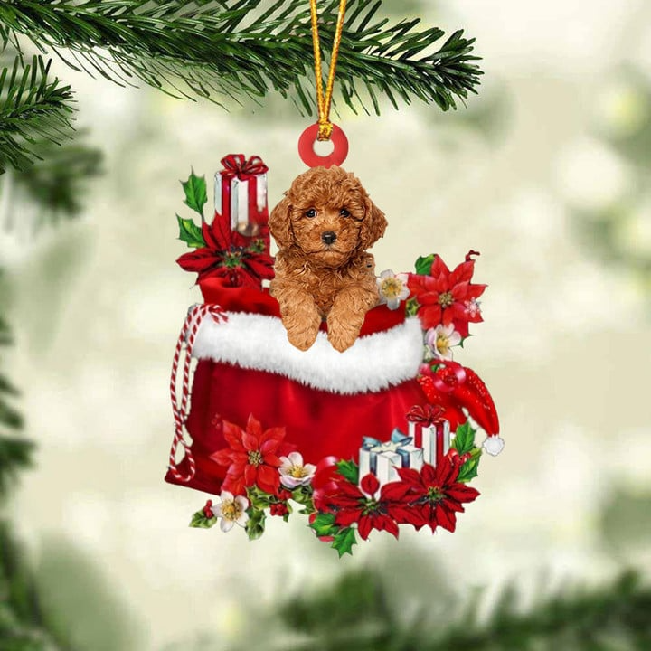Custom Poodle In Red Gift Bag Acrylic Christmas Ornament, Personalized Name Christmas Gift For Dog Lovers, Dog Mom