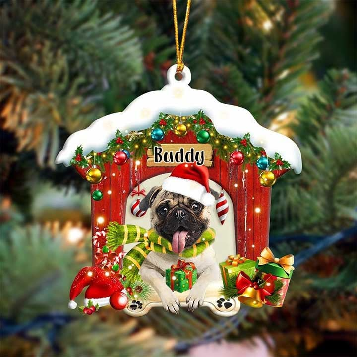 Personalized Name Pug In Red Wood House Acrylic Christmas Ornament Gift For Dog Lovers, Dog Mom