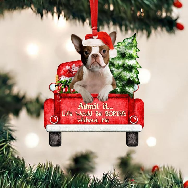 Personalized Photo Boston Terrier On The Red Truck Acrylic Christmas Ornament, Custom Christmas Gift For Dog Lovers, Dog Owners