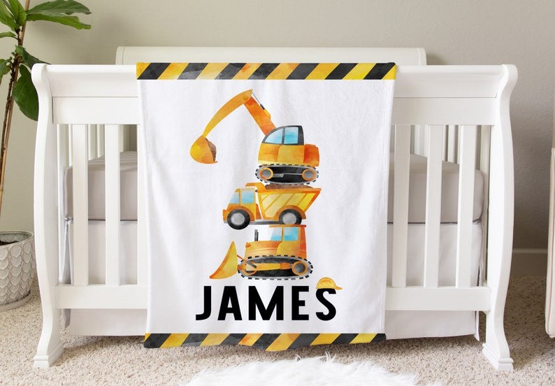 Construction Baby Kids Blanket With Customized Name For Baby Boy Nursery, Son, Grandson, Month Gifts