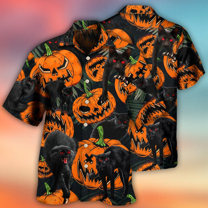 Halloween Black Cat Hawaiian Shirt, Halloween Pumpkin Scary Tropical For Men & Women - Halloween Gift For Members Family, Friends, Black Cat Lovers